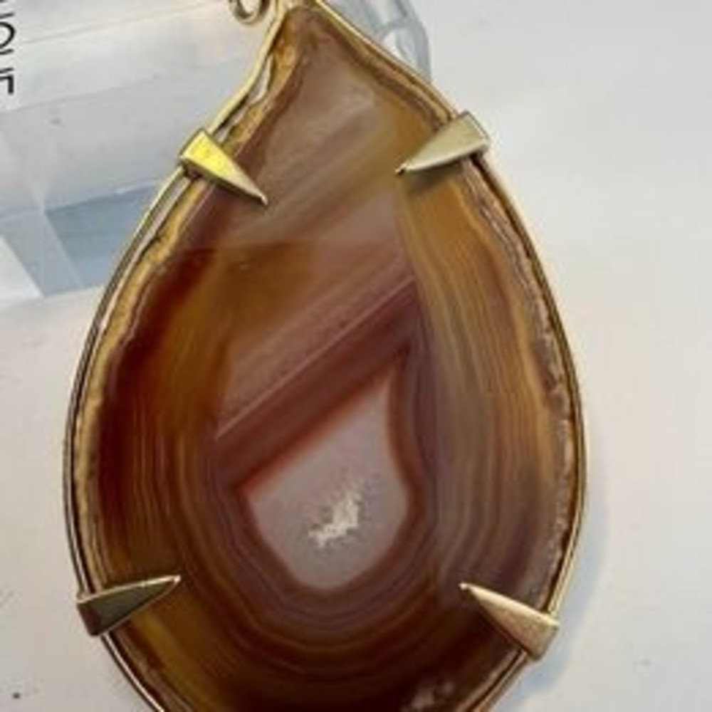 Vintage Agate Slice Pendant Big Wrapped in Gold Tone Brass